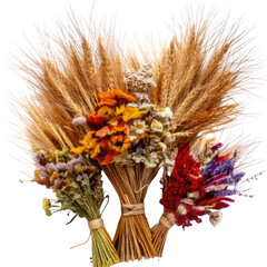 Three dried flower bouquets, wheat, and colorful blossoms