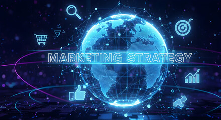 Global marketing strategy concept with digital network business growth and online connection futuristic technology background