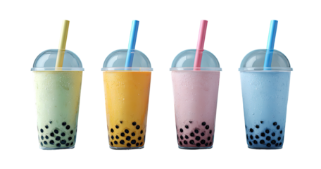 Four colorful bubble tea drinks in clear plastic cups, each with a matching straw