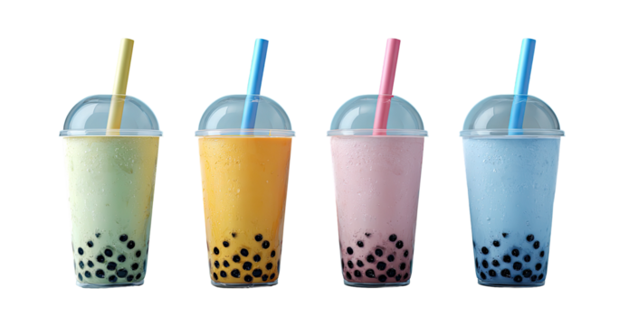 Four colorful bubble tea drinks in clear plastic cups, each with a matching straw