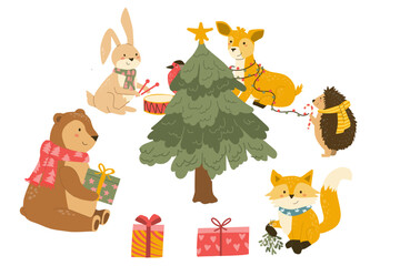 Cute christmas forest animals in cartoon flat style. Vector set of bear, fox, rabbit and hedgehog, bird with spruce tree. Can used for greeting cards.