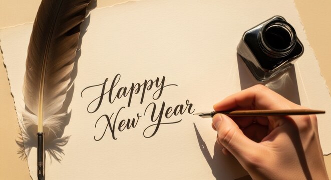 Woman hand writing happy New Year on paper with nib pen and ink bottle. Holiday calligraphy for greeting card design. New Year art concept.