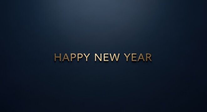 Happy New Year golden text on a minimalist dark blue textured background. New Year greeting card design for holiday celebration and digital communication.
