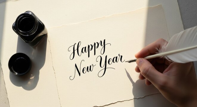 Hand writing Happy New Year with a quill and ink on vintage paper. Elegant calligraphy for holiday greeting card, invitation, banner or background design.