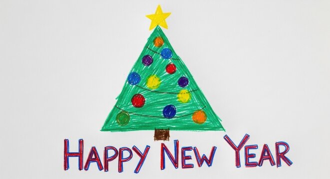 Childs drawing of a new years tree with ornaments and star, handwritten Happy New Year greeting for holiday card and festive season.