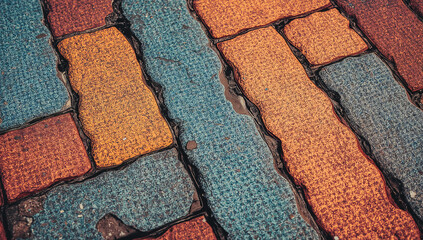 Vibrant multicolored brick paving pattern close up