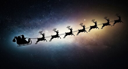 Silhouette of Santa Claus in sleigh with reindeer flying across star-filled night sky. Christmas Eve magic, holiday fantasy background.