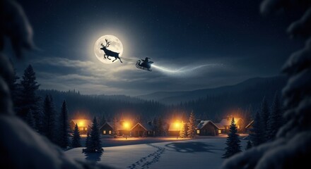Santa Claus on a sleigh pulled by a reindeer flying across the full moon above a cozy, snow-covered village at Christmas. Winter Holiday card concept.