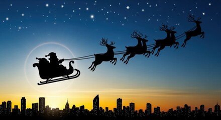 Silhouette of Santa Claus and reindeer flying over winter city skyline during sunset for Christmas and New Year celebration season with starry night sky
