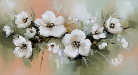 Elegant white blossoms in a serene floral painting with delicate petals and soft hues, creating a calming and visually appealing composition