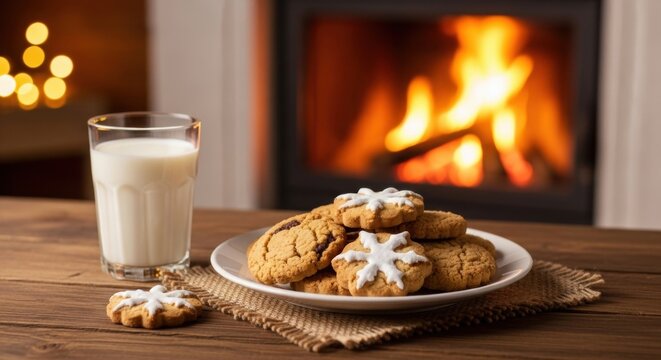 A plate of freshly baked Christmas cookies with a glass of milk on a wooden table, with a cozy fireplace in the background. Holiday tradition for Santa.