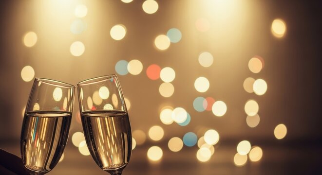 Two vintage champagne glasses toasting against a festive bokeh background, perfect for New Years Eve party celebration design or Christmas holiday event