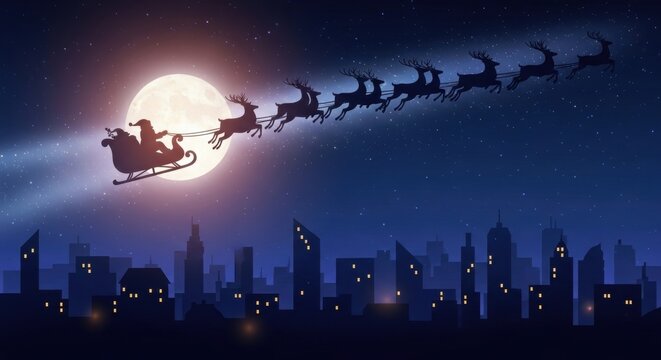Abstract silhouette of Santa Claus and reindeer flying over winter city skyline for Christmas and New Year holiday celebration background. - Powered by Adobe