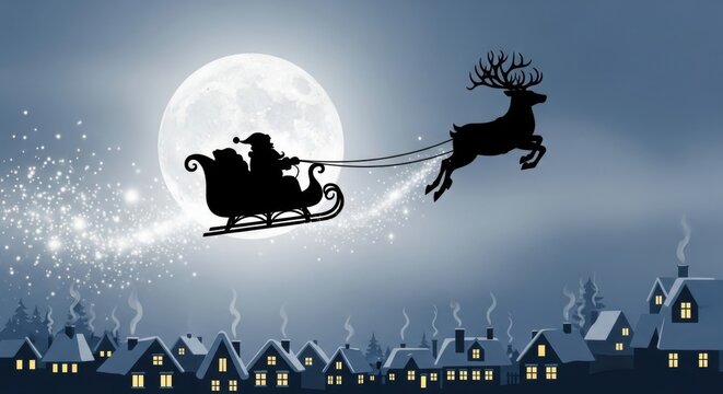 Whimsical silhouette of Santa Claus flying in a sleigh with a reindeer over a snowy village with a full moon. New Year and Christmas concept for greeting card.