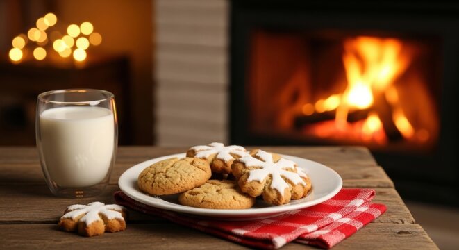 A plate of freshly baked Christmas cookies with milk on a wooden table near a cozy fireplace. Holiday snack for Santa Claus on Christmas Eve. - Powered by Adobe