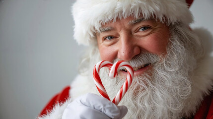 Close-up Portrait of Santa Claus Holding Heart Shape Made of Red and White Candy Canes