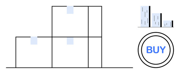 Stacked boxes convey logistics and delivery, with a bar chart alluding to data insights. Prominent Buy button symbolizes online purchasing. Ideal for e-commerce, shipping, sales, growth, logistics
