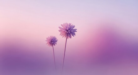 Two delicate purple flowers stand tall against a soft, dreamy backdrop of pastel pinks and purples, creating a serene and ethereal scene