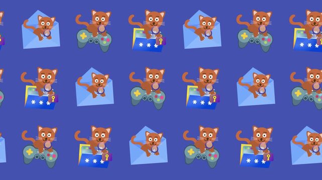 Seamless pattern of cartoon cat, gaming, and digital security icons in a tile background animation. Repeating wallpaper with game controller, secure email, and password symbols. Cybersecurity backdrop