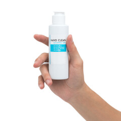 Hand show alcohol blue gel isolated on white background protect virus corona covid 19