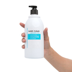 Hand show alcohol blue gel isolated on white background protect virus corona covid 19