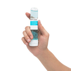 Hand show alcohol blue gel isolated on white background protect virus corona covid 19