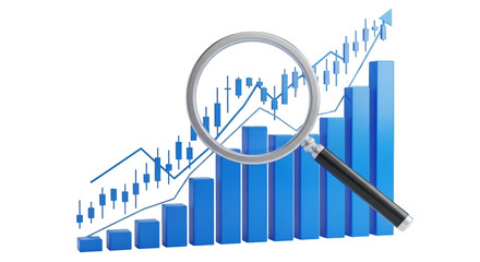 Stock market analysis with magnifying glass blue bar graph and candlestick chart showing growth financial investment concept