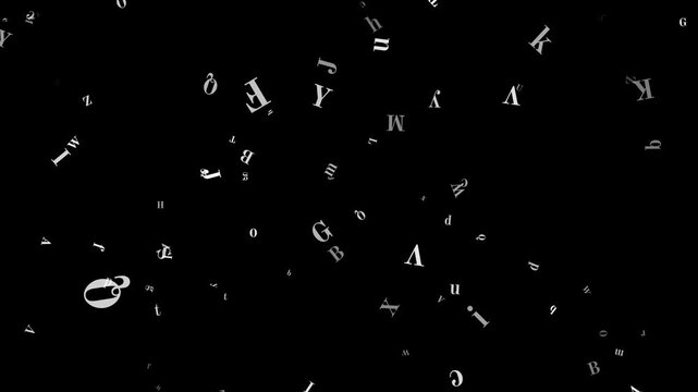 english alphabet lettwrs flying isolated alpha channel animation, education and story book writing overlay motion design element