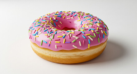 Delicious donut with pink frosting and colorful sprinkles on transparent background