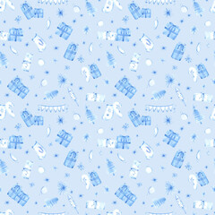 Hand drawn watercolor blue Christmas decorations presents stockings and candy canes seamless pattern, isolated on blue background. Can be used for textile wrapping fabric and other printed products.