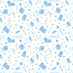 Hand drawn watercolor blue Christmas decorations presents stockings and candy canes seamless pattern isolated on white background. Can be used for textile wrapping fabric and other printed products.