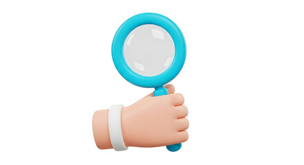 Vibrant 3D Render of a Hand Holding a Magnifying Glass, Symbolizing Search, Discovery, Focus, and Detailed Analysis in Digital Contexts