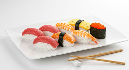 Assorted sushi nigiri on a white plate with chopsticks a delicious japanese meal on transparent background