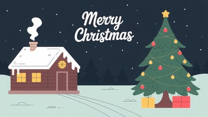 Fototapeta premium Cozy snow covered cabin and decorated christmas tree under a starry night sky