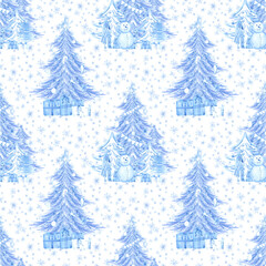 Hand drawn watercolor blue Christmas trees presents snowman and snowflakes seamless pattern. Illustration isolated on white background. Can be used for textile wrapping fabric other printed products.