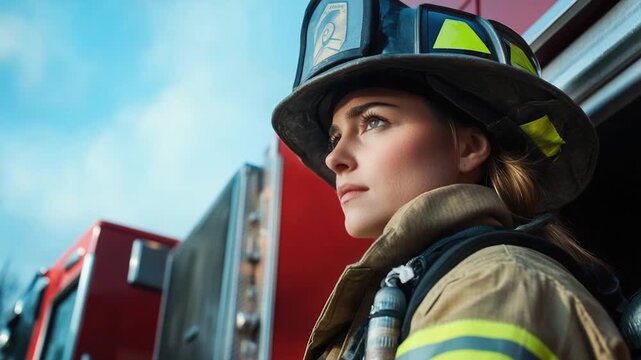 Woman wearing firefighter's hat and jacket, possibly on a training or promotional event