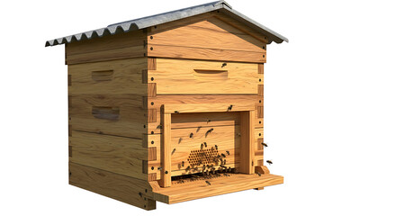 A wooden beehive with bees flying in and out, representing apiary and beekeeping