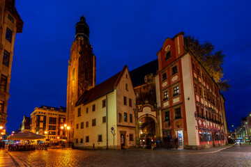 Naklejka premium View of the towers of the Garrison Church of St. Elizabeth of Hungary in Breslau, Poland.
