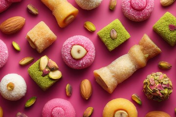 Exquisite Assortment of Colorful Middle Eastern Sweets on Pink Background, Overhead View.