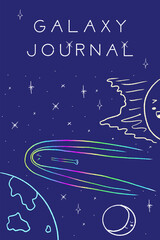 Comet kawaii cute doodle character. Hand drawn line illustration of outer space and flying comet among sun and moon reaching planet Earth. Template for magazine cover.