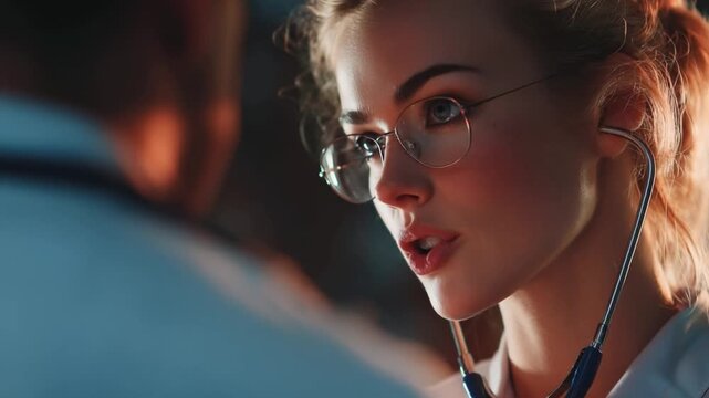 Attentive Medical Consultation: A female medical professional in glasses, focuses intently on a patient, with a stethoscope in hand, portraying a sense of expertise and care.