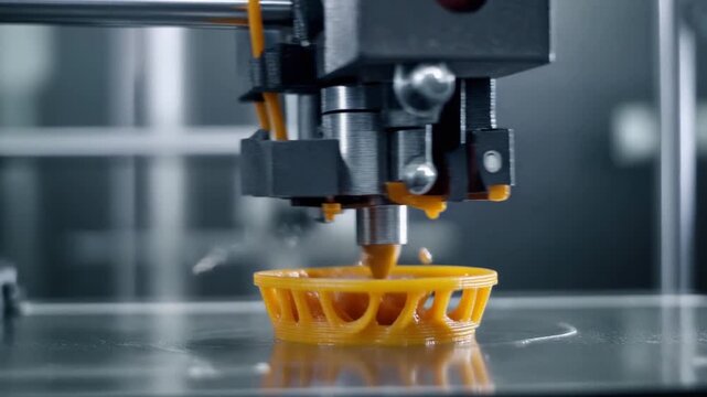 Close up of a 3D printer creating an orange object with intricate details.