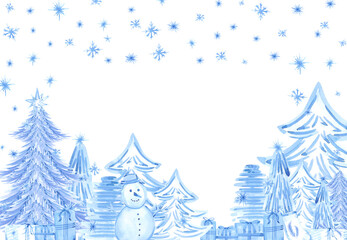 Hand drawn watercolor blue monochrome Christmas trees presents and snowman frame border. Illustration isolated on white background. Can be used for postcard, invitation and other printed products.