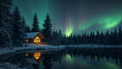 Cozy winter cabin reflecting aurora borealis in calm frozen lake.