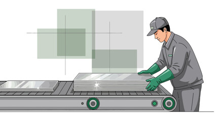 Production line worker handling metal sheets on a conveyor belt in a factory environment