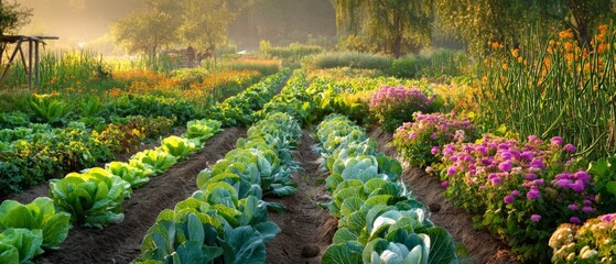 Colorful organic vegetable garden with lettuce cabbage and flowers growing under warm morning sunlight