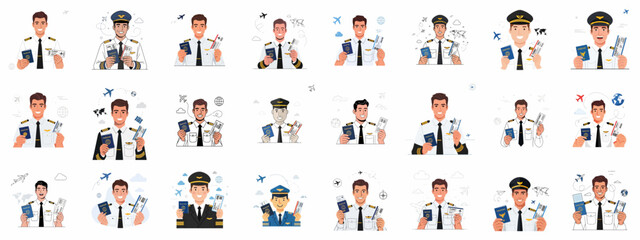 Naklejka premium Smiling Airline Pilot Avatar Collection Holding Passport and Flight Ticket, Ready for International Air Travel.