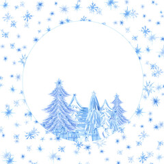 Hand drawn watercolor blue snowflakes and Christmas trees frame border. Illustration isolated on white background. Can be used for postcard, invitation and other printed products.