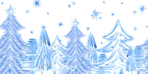 Hand drawn watercolor blue monochrome Christmas snowy trees seamless border. Illustration isolated on white background. Can be used for postcard textile label and other printed products.