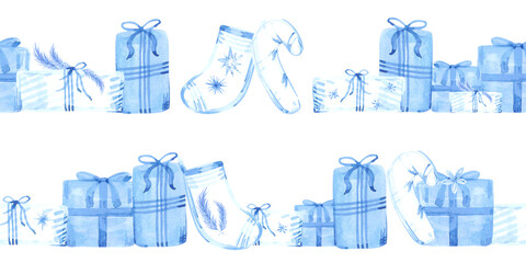 Hand drawn watercolor blue presents stockings and candy canes seamless frame border. Illustration isolated on white background. Can be used for postcard label textile and other printed products.
